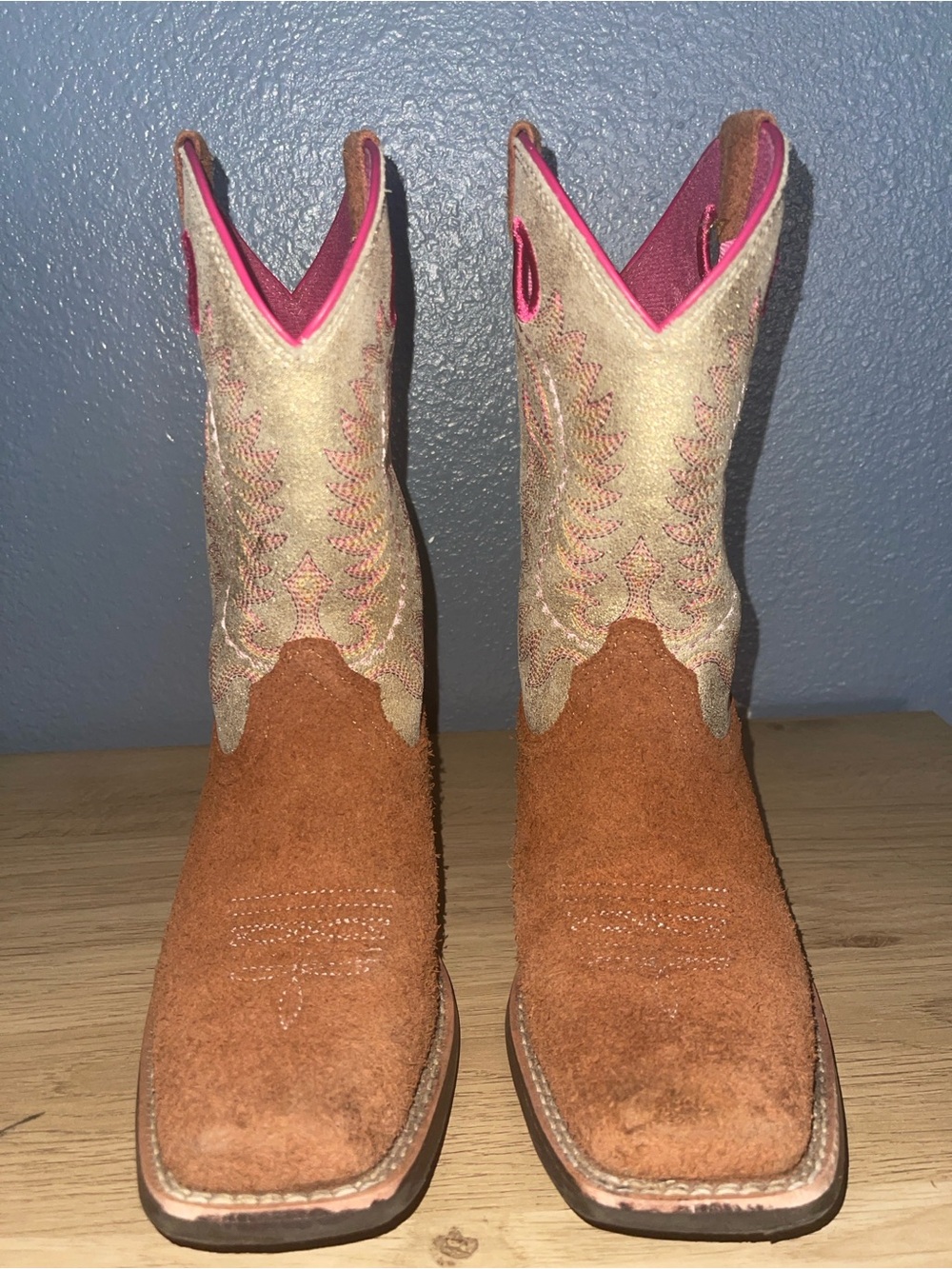 Ariat Kids Brown Suede Boots with Metallic Gold Shaft and Pink Trim